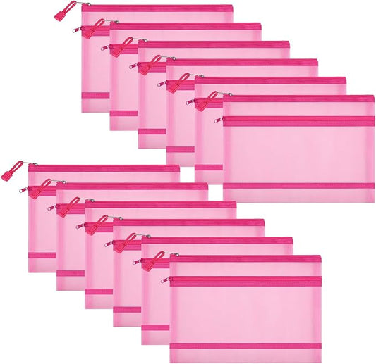 12 Pieces Zipper Nylon Mesh Pouch, Mesh Cosmetic Bags Makeup Bags Pencil Case, Multipurpose Travel Bags for Cosmetic School Office Supplies and Travel Accessories (2 Layers-Pink, A5)