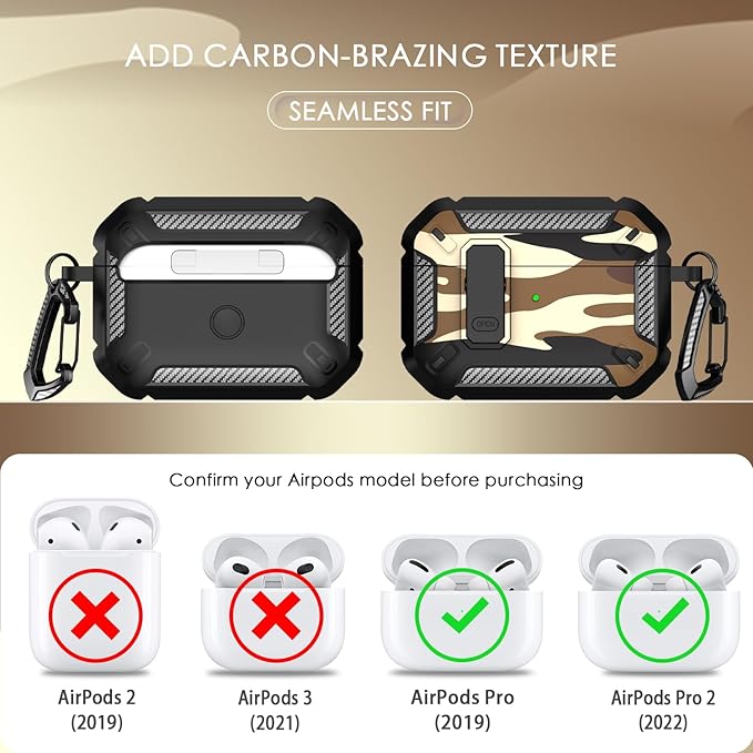 RFUNGUANGO for AirPods Pro 2nd Gen Case with Cleaning Kit, Military Hard Case Protective Armor with Lock, for AirPod Gen 2 Charging Case (2023/2022/2019, 2nd Gen/1st Gen), Desert Camo