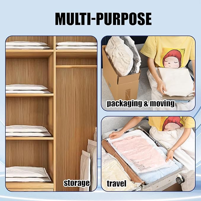 10 Pack Jumbo Vacuum Storage Bags with Hand Pump, Sturdy Leak-Free Vacuum Seal Bags, 80% Space Saver Vacuum Seal Bags for Clothing, Pillows, Bedding, Blankets, Comforters, Travel Luggage - Jumbo