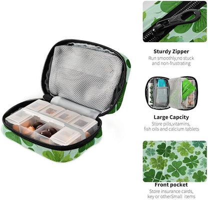 Green Nature St Patrick Clovers Travel Pill Organizer Case Box Container Weekly Portable Vitamin Medicine Holder Storage Bag with Zipper Removable