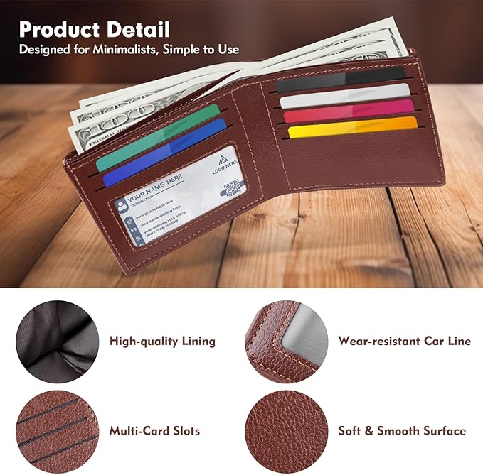 Genuine Leather Slim Bifold Wallet for Men, RFID Blocking Minimalist Design with ID Window and 6 Card Slots (Brown)