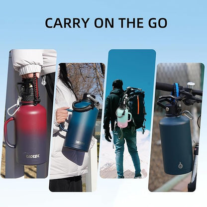 BJPKPK Half Gallon Insulated Water Bottles with Straw Lid & Side Handle, 50oz, 64oz, 87oz, 128oz Large, Stainless Steel Water Bottles with 3 Lids and Paracord Strap, Metal Water Jug,Charming Red