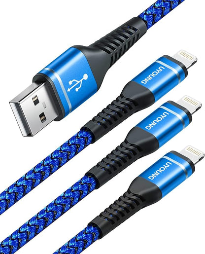 Lightning Cable 10 FT 3Pack [Apple MFi Certified] Extra Long iPhone Charger Cable Nylon Braided Fast Charging Cord Compatible with iPhone 14/13/12/11/X/XS/XR/SE/8/7/6/5/iPad Pro/Mini/Air - Blue