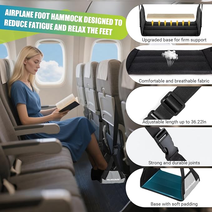 Foot Hammock for Plane Travel, No Collapse Thickened Bamboo Airplane Foot Rest for Long Flight, Desk Foot Hammock with Extended Adjustment Strap to Relax Your Feet, Foot Sling Travel Essentials