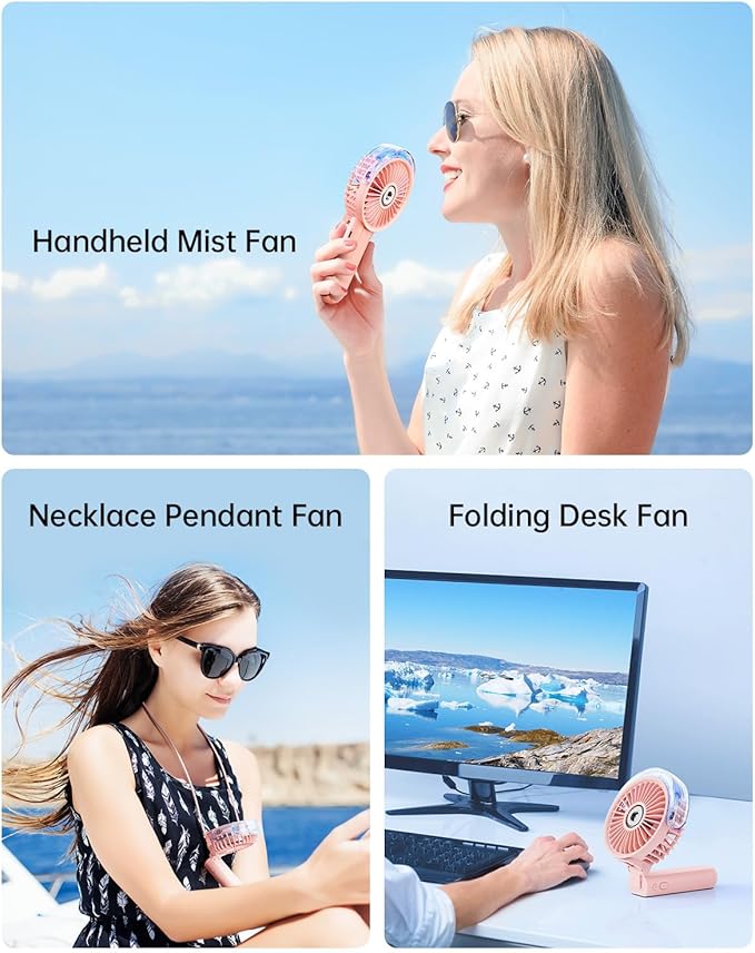 SWEETFULL Portable Misting Fan - 180° Foldable Handheld Personal Fan with Mist Spray, 3 Speeds, 30ml Water Tank, USB Rechargeable for Travel, Outdoors, Makeup, Camping, Home, and Office Use