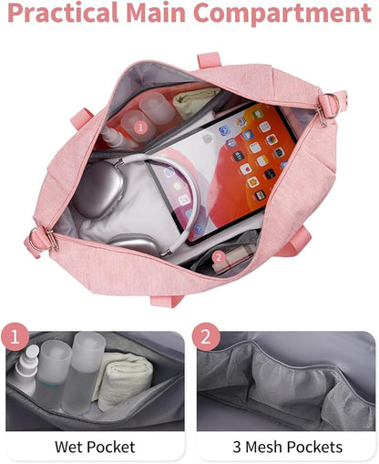 Narwey Weekender Bag for Women - Overnight Travel Duffel, Hospital, Spirit Airlines Personal Item 18x14x8, Carry-on Underseat With Wet Pocket, Small Gym (Pink)