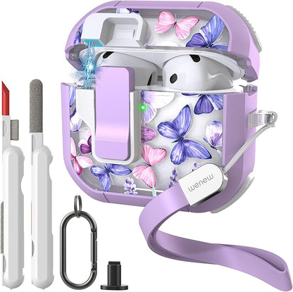 WENEW Case for AirPods 4th Case Cover Secure Lock Automatic Snap Switch Clip Cleaner Kit Lanyard Women Stylish Flower Armour Hard Shell Full Body Front LED Visible (Purple Butterfly, AirPods 4th)