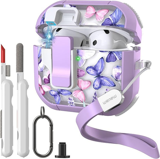 WENEW Case for AirPods 4th Case Cover Secure Lock Automatic Snap Switch Clip Cleaner Kit Lanyard Women Stylish Flower Armour Hard Shell Full Body Front LED Visible (Purple Butterfly, AirPods 4th)