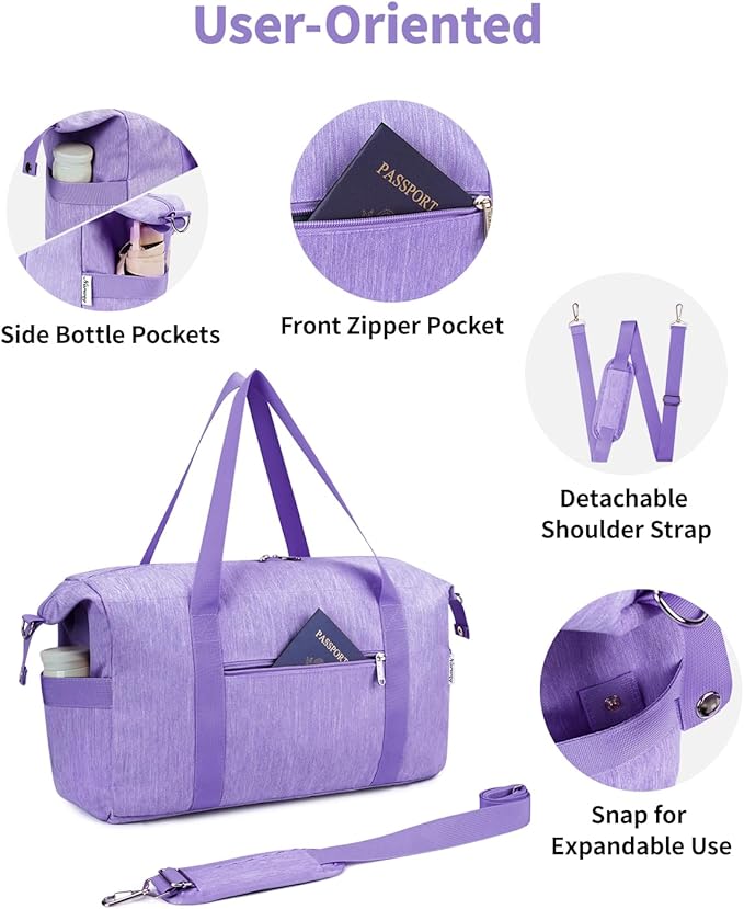 Narwey Women's Overnight Travel Duffel Bag - Spirit Airlines Personal Item, 18x14x8 Inches, Underseat with Wet Pocket, Purple