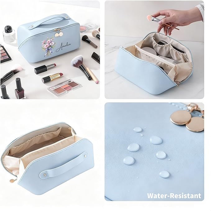 callie Personalized Makeup Bag - Custom Name & Birth Flower, Leather Cosmetic Organizer Bag with Zippers & Handle, Birthday Christmas Travel Gifts for Women
