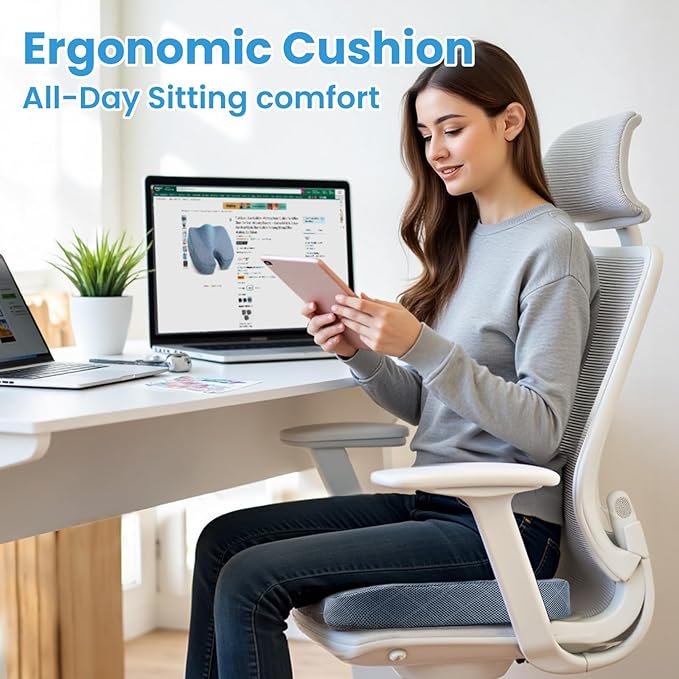 TushGuard Office/Car Seat Cushion, Non-Slip Sciatica & Back Coccyx Tailbone Pain Relief Chair Pad, Memory Foam Butt Pillow for Computer Desk, Wheelchair, Driving (Light Blue, X-Large)