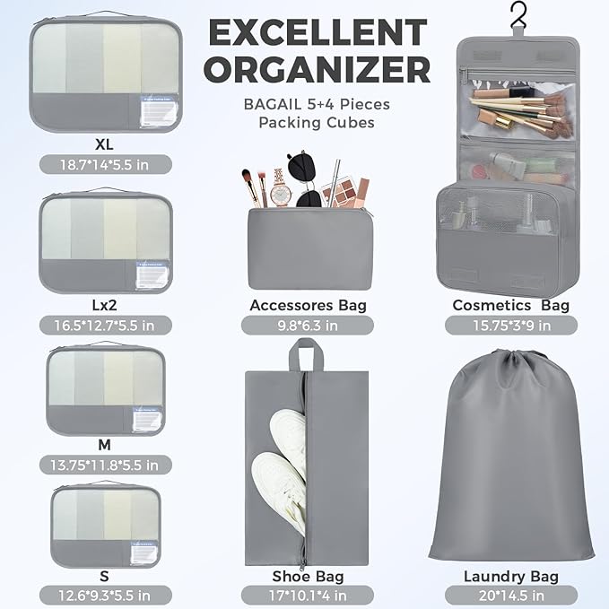 BAGAIL 9 Set Packing Cubes Luggage Packing Organizers for Travel Accessories