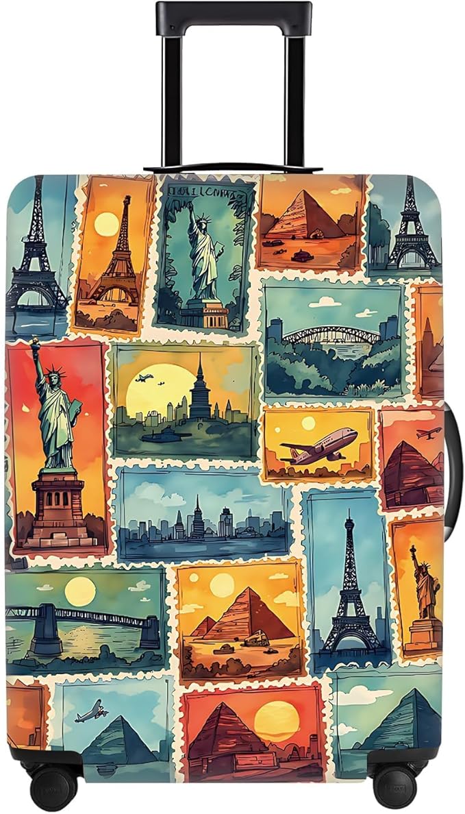 Colorful Landmark Travel Suitcase Cover – Waterproof Elastic Luggage Protector Wrap Featuring Iconic Monuments in Stamp Design,Fits 32"-34" Luggage, XL