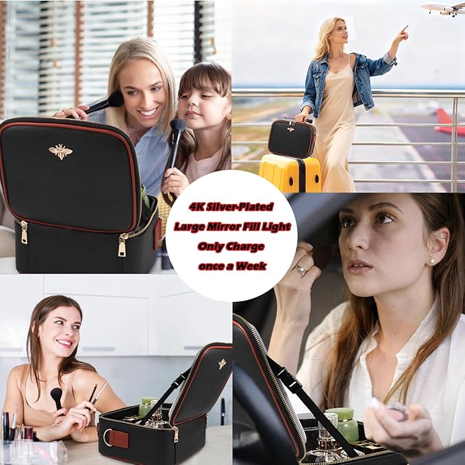 Travel Makeup Bag with Light Up Mirror, Portable Makeup Bag with Led Light Women Waterproof Makeup Travel Case adjustable dividers Rechargeable Vanity Mirror with 3 Color Lights (Black)