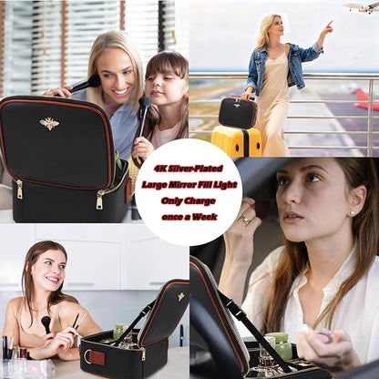 Travel Makeup Bag with Light Up Mirror, Portable Makeup Bag with Led Light Women Waterproof Makeup Travel Case adjustable dividers Rechargeable Vanity Mirror with 3 Color Lights (Black)