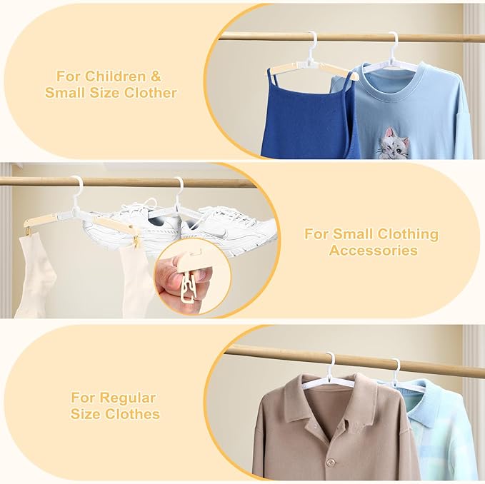 6 Pack Foldable Travel Hangers with Clips & Adjustable Clothesline, Portable Collapsible Hangers with Storage Bag for Suitcase, Hotel, RV, Cruise Essentials Set (Beige)