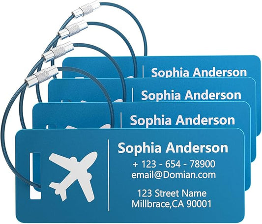 4 Personalized Metal Luggage Tags, Laser Engrave Name and Logo, Custom Aluminum Suitcase Tags with Steel Ring, for Travel, Backpack, Baggage (Blue)