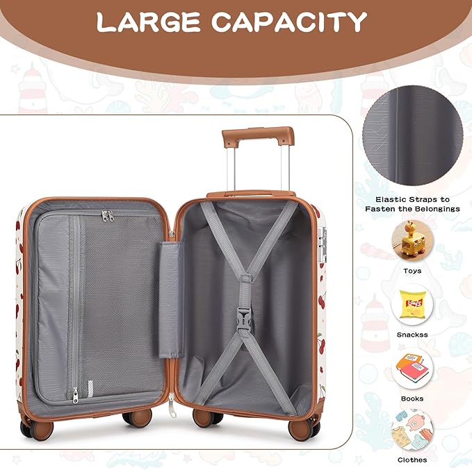 Somago 4 Piece Kid's Luggage with Backpack Set for Boys Girls Spinner 18" Hardside PC Rolling Carry on Suitcase with TSA Lock, Cherry White