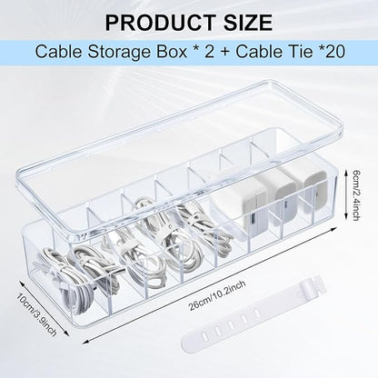 Tatuo 2 Pcs Cable Organizer Box with Wire Ties, Plastic Cord Storage Box with Lid, Electronics Organizer for Home Office Desk Organizers and Accessories (Clear)