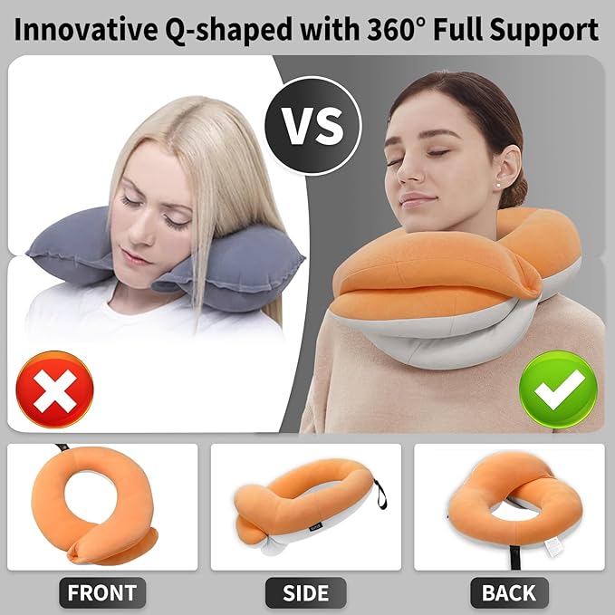 BUYUE Travel Neck Pillows for Airplanes, 360° Head Support Sleep for Long Flight, Skin-Friendly & Breathable, Kit with 3D Contoured Eye Mask, Earplugs and Storage Bag (Adult, Orange, 90+ lbs)