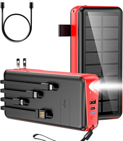 Portable Charger with Built in Cable and Wall Plug 50000mAh 22.5W Fast Charging Solar Power Bank with 5 Output & 2 Input Dual LED Flashlights Phone Holder External Battery Pack (Red)