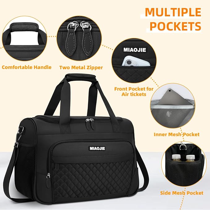 Travel Duffle Bag for Women, Underseat Carry On luggage Bag Foldable Overnight Weekender Hospital Bag Lightweight Airplanes Personal Item Travel Tote Bag for Women Birthday Gifts, 16IN Black