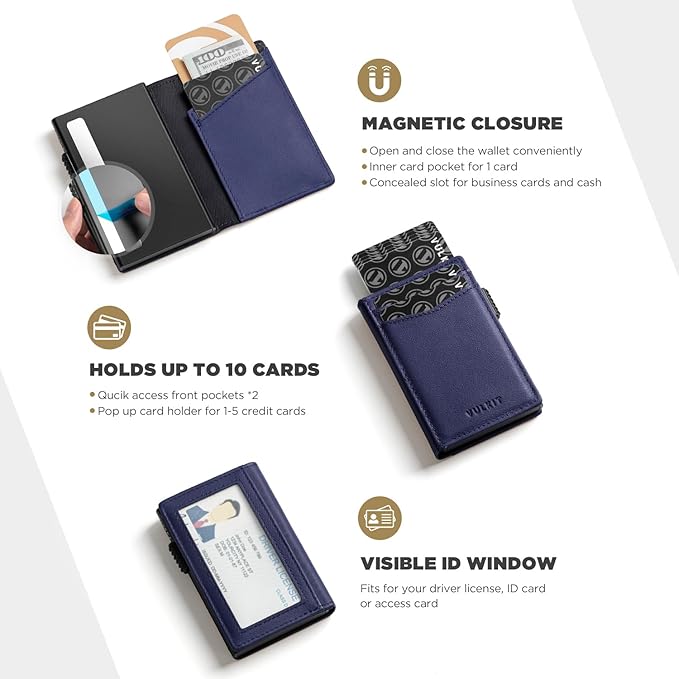 VULKIT Men's Wallet with ID Window Top Grain Leather RFID Blocking Minimalist Wallet Pop Up Card Holder Magnetic Closure