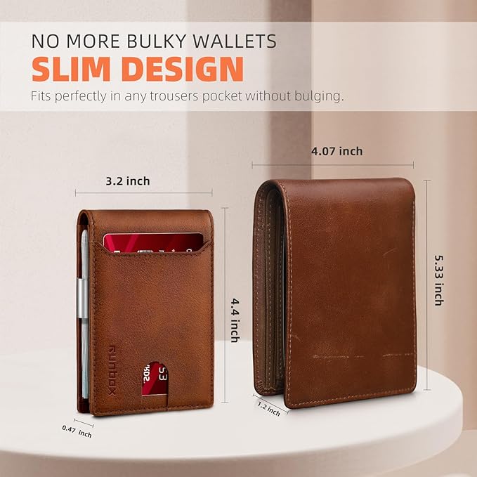 RUNBOX Slim Wallets for Men - Leather Money Clip Mens Wallet - RFID Blocking Front Pocket Bifold Wallet - Thin Credit Card Holder with Gift Box