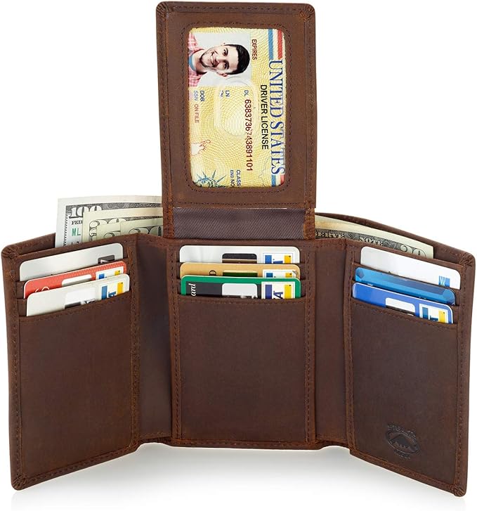 Stealth Mode Trifold Leather Wallet for Men with ID Holder and RFID Blocking (Brown)