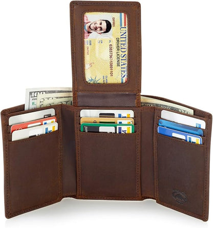 Stealth Mode Trifold Leather Wallet for Men with ID Holder and RFID Blocking (Brown)