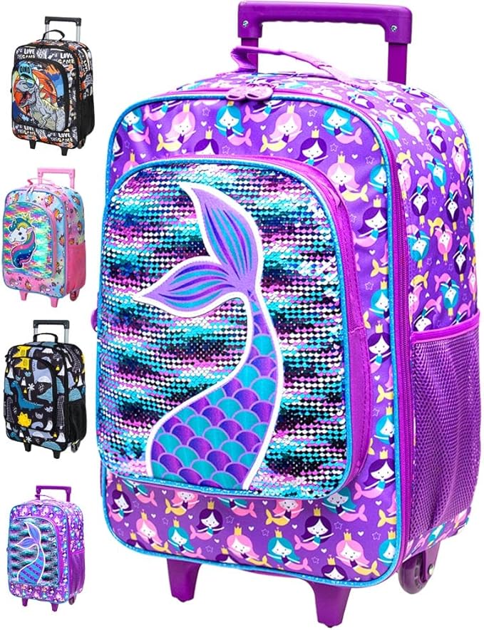 AGSDON Kids Suitcase for Girls, Cute Mermaid Rolling Luggage Wheels for Children Toddler