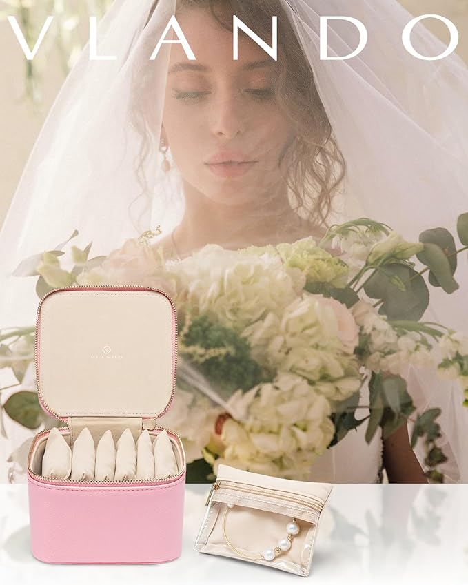 Vlando Travel Jewelry Case,PU Leather Jewelry Storage Organizer Case with 6 pcs Jewelry Bag,Christmas Wedding Birthday Gift Ideas for Women Bride Girls Pale Pink