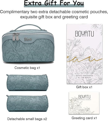 BOYATU Travel Makeup Bags Cosmetic Organizer Bag: 3-Set Large Capacity Make up Bag - PU Leather Toiletry Bags for Women - Wide Open Portable Pouch with Divider & Handle (01-Light Blue)