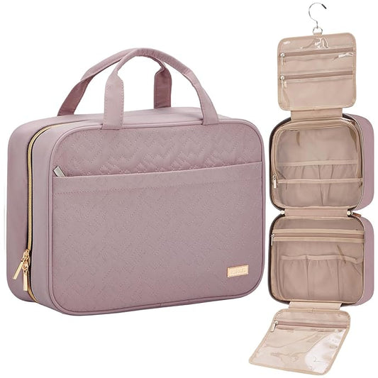 NISHEL Travel Toiletry Bag for women, Portable Hanging Organizer for Family-Sized Shampoo, Conditioner, Brushes Set, Makeup Accessories, Extra Large Size, Peach Pink