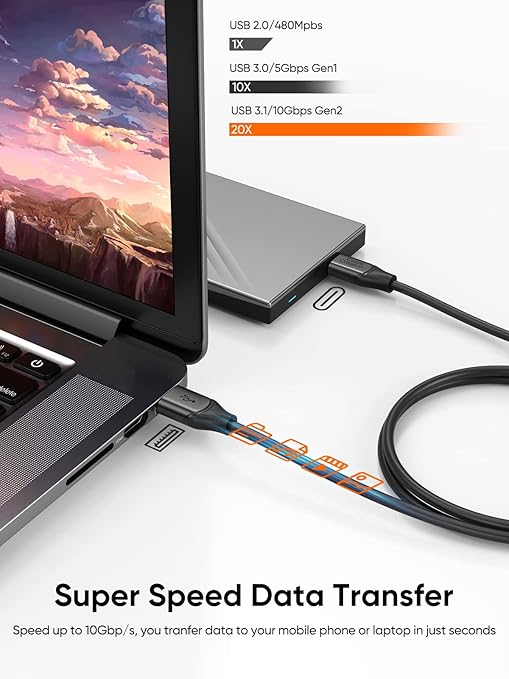 CableCreation 2-Pack USB C to USB A Cable 3.3FT, USB 3.2 Gen2 10Gbps A to C Data Cable, Android Auto Cord 3A for USB C External SSD MacBook Pro iPad, iPhone 16/15, Pixel, 1.0m Gray