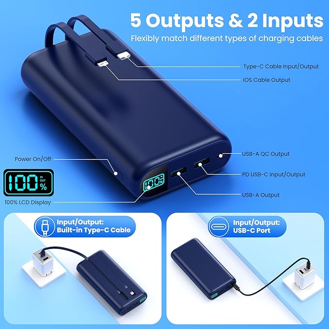 Portable Charger 40,800mAh Power Bank with Built-in Cables,5 USB Output Battery Pack Backup,25W PD Fast Phone Charging Travel Essential Outdoor for iPhone 17/16/15 Pro,Android Galaxy Pixel Nexus-Blue