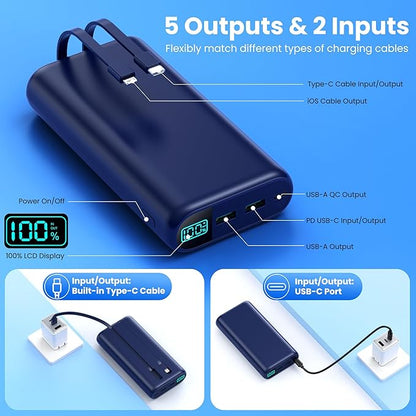 Portable Charger 40,800mAh Power Bank with Built-in Cables,5 USB Output Battery Pack Backup,25W PD Fast Phone Charging Travel Essential Outdoor for iPhone 17/16/15 Pro,Android Galaxy Pixel Nexus-Blue