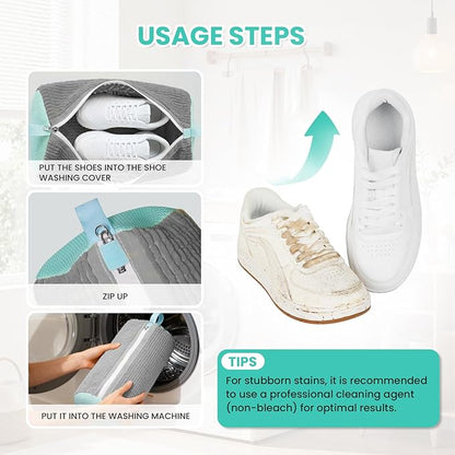 Shoe Washing Machine Bag, 2-Pack Reusable Shoe Bag for Washing Machine, 360° Deep Clean for Sneaker, Running Shoes,Bras, Delicates and Toys, Includes 2 Shoe Storage Dust Bags（Grey)
