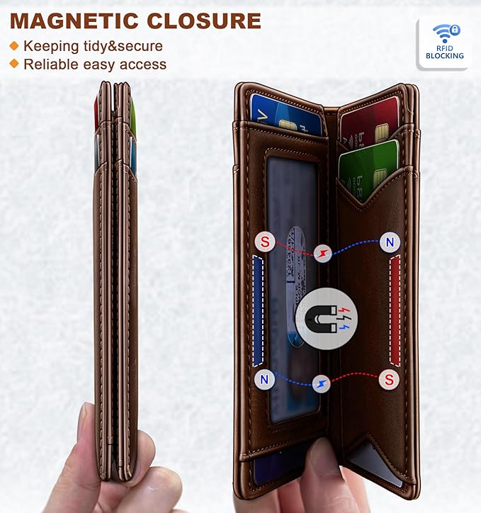 BULLIANT Men Wallet,Top Grain Leather Slim Wallet Magnetic Closure Simplifed Bill Folder RFID Blocking 11Cards