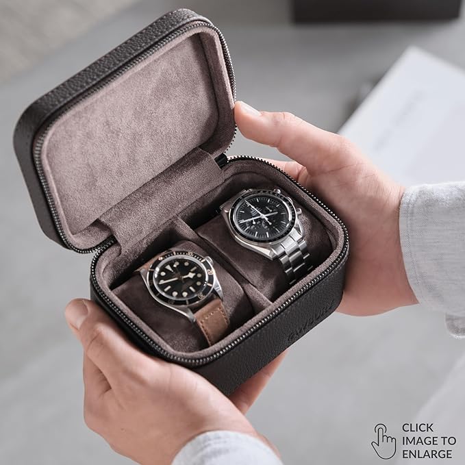 TAWBURY Watch Case - 2 Slot Genuine Top-Grain Leather Watch Travel Case for Men & Women with Metal Zipper and Extra Wide Pillows for Large Watches (Brown)