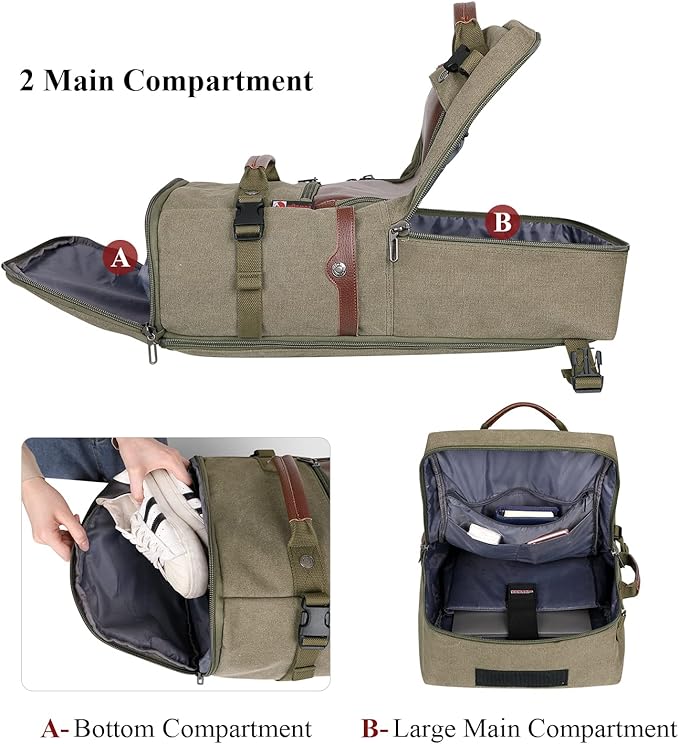 WITZMAN Travel Backpack for Men Women Carry on Luggage Backpack Canvas Rucksack Duffel bag with Shoe Compartment（A2021 Light green）