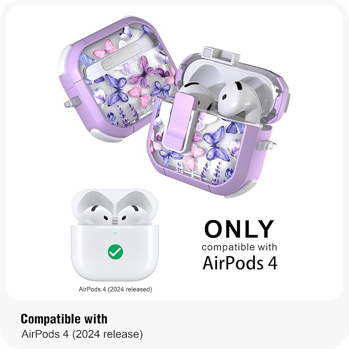 WENEW Case for AirPods 4th Case Cover Secure Lock Automatic Snap Switch Clip Cleaner Kit Lanyard Women Stylish Flower Armour Hard Shell Full Body Front LED Visible (Purple Butterfly, AirPods 4th)