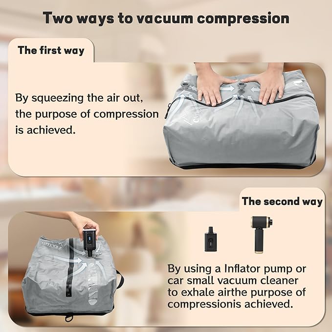 ONTYZZ Two Pack Travel Vacuum Compression Bags Space Saver Vacuum Bags Reusable Compression Bag with IP67 Waterproof Zipper for Travel Suitcases and Backpack,Grey（NO PUMP!）