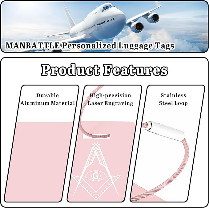 4 PCS Personalized Luggage Tags for Suitcases, Custom Aluminum Luggage Tags for Bags and Backpacks, Waterproof & Heavy Duty Personalized Metal Name Tags for Travel (Pink)