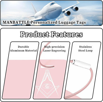4 PCS Personalized Luggage Tags for Suitcases, Custom Aluminum Luggage Tags for Bags and Backpacks, Waterproof & Heavy Duty Personalized Metal Name Tags for Travel (Pink)