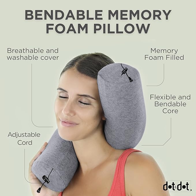 Dot&Dot Twist Memory Foam Travel Pillow for Airplanes - Travel Neck Pillow for Sleeping - Airplane Pillow for Neck Support, Chin, Lumbar and Leg - Adjustable, Bendable Neck Roll Pillow - Gray
