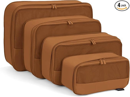 4 Piece Compression Packing Cubes for Suitcases and Backpack, Lightweight Travel Organizer Bags (Light Brown)