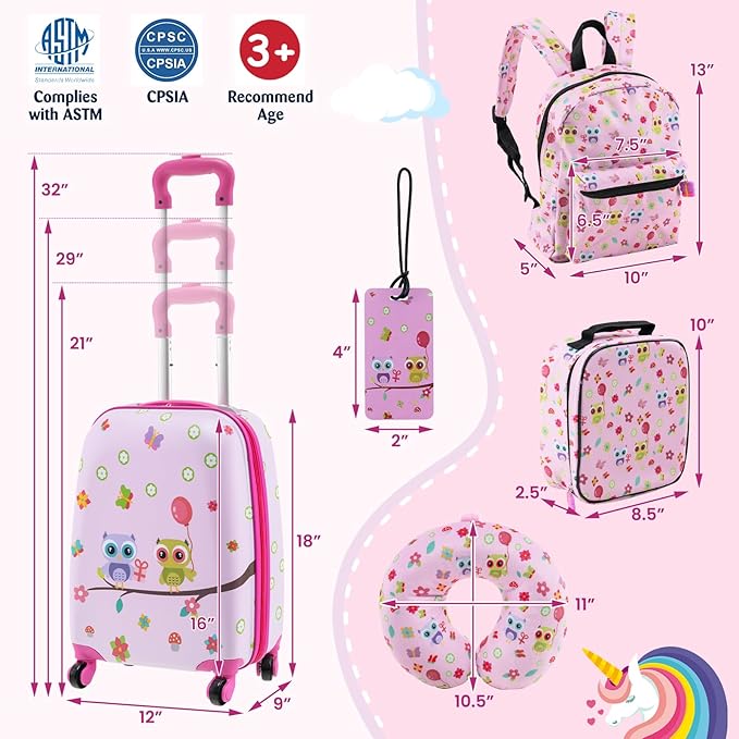 Goplus 5 Piece Kid’s Luggage Set, 16” Carry on Suitcase w/13” Backpack, Neck Pillow, Hardside Spinner Toddler Luggage, Travel Rolling Suitcase for Boys Girls Gifts (Pink, Owl)