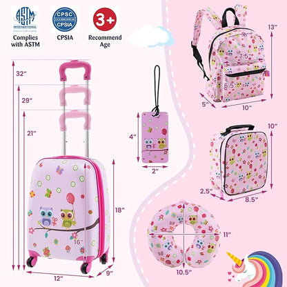 Goplus 5 Piece Kid’s Luggage Set, 16” Carry on Suitcase w/13” Backpack, Neck Pillow, Hardside Spinner Toddler Luggage, Travel Rolling Suitcase for Boys Girls Gifts (Pink, Owl)