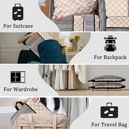 U+U 6 Set Compression Packing Cubes - Ultralight Travel Organizers with Laundry Bag, Space-Saving Suitcase Organizer for Travel, Business Trip and Family Vacation (Khaki Checkered)